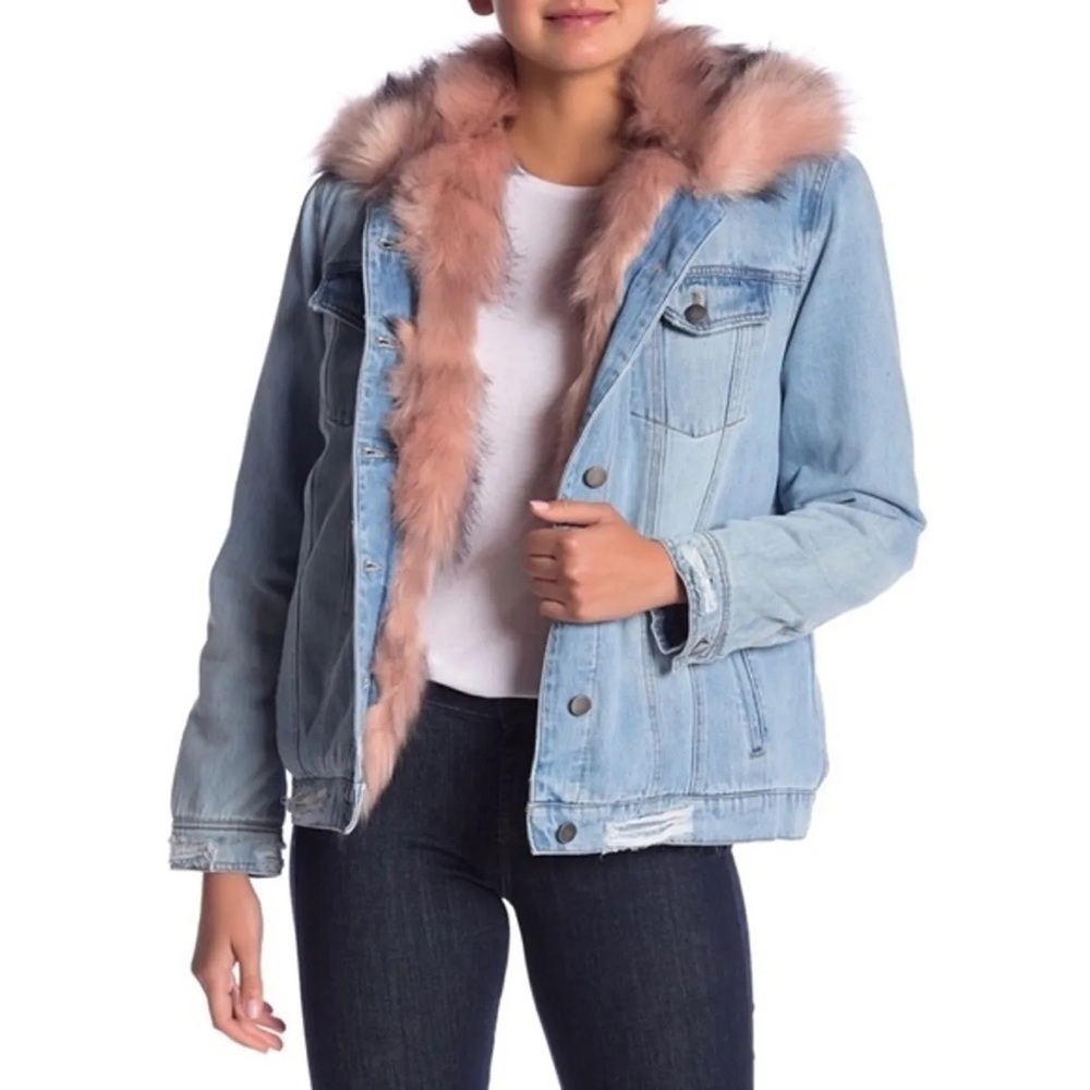 Women's Denim Jacket with Pink Faux Fur Trim